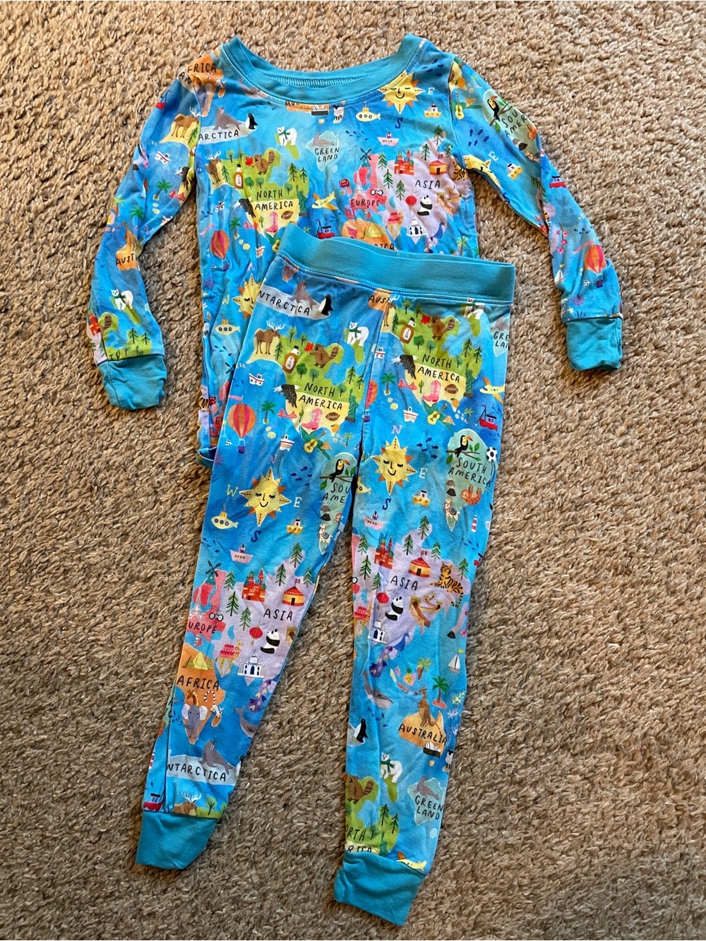 Little Sleepies Blue World Map Kids Pajama Set with Colorful Continent Prints